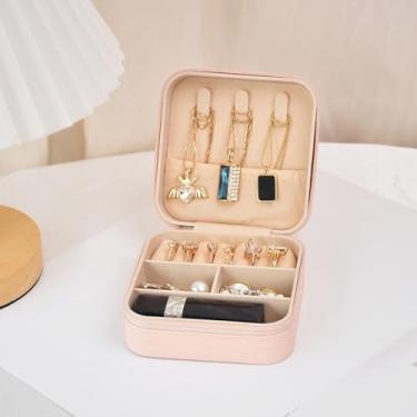 Imagem de Caixa de joias de viagem de poliuretano rosa – Mini estojo organizador de joias portátil com suporte de armazenamento para anéis, brincos, colares e pulseiras