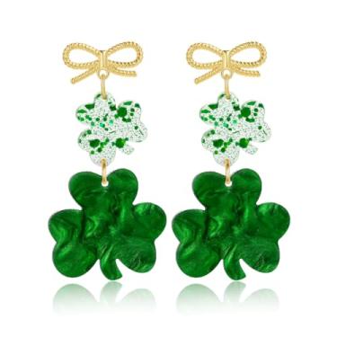 Imagem de Brincos femininos de trevo de arco do dia de São Patrício, brincos pendentes de trevo de laço dourado, glitter verde e marmorizado da sorte irlandesa para roupa do Dia de São Patrício, Regular size