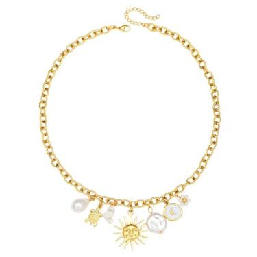 Imagem de Colar com pingente de sol, estrela-do-mar, pérola, coração, tartaruga, sol, dopamina, aço inoxidável, clavícula, joia banhada a ouro
