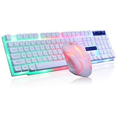 Imagem de Teclado Feiyx USB com fio, teclado silencioso e durável, arco-íris retroiluminado, conjunto de teclado e mouse para jogos com descanso de pulso ergonômico para laptop, escritório, estudo on-line (cor