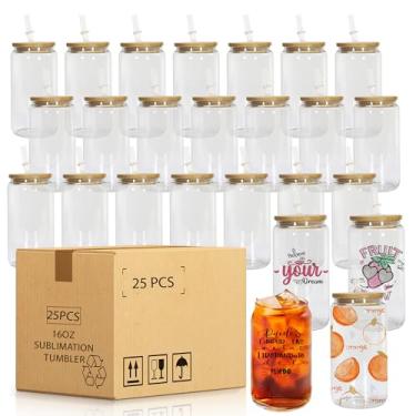 Imagem de AGH Copos de vidro de sublimação de 473 ml com tampas de bambu e canudos de plástico, copo de vidro transparente para gelo, café, smoothie, uísque, boba, refrigerante, chá, presente, copo de água de