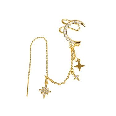 Imagem de Brincos de argola de corrente longa lua estrela zircônia cúbica garra alpinista clipe em cartilagem argola com borla pingente brincos para mulheres, meninas, hipoalergênico, sensível, orelha, moda,