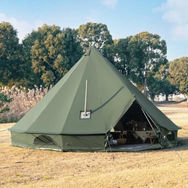 Imagem de WaldZimmer Barraca de sino de lona verde com macaco de fogão e piso removível com zíper, barraca luxuosa de algodão yurt para glamping ao ar livre para família, caminhão, carro, acampamento, caça