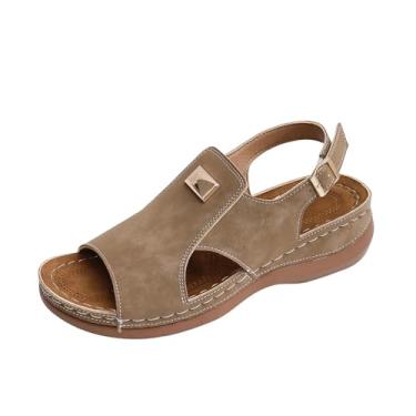 Imagem de Sandálias femininas vazadas Baotou com metade inferior grossa salto plataforma sapatos casuais confortáveis feitos de material PU, Caqui, 39