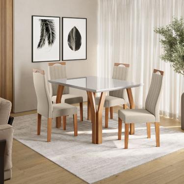 Imagem de Conjunto Sala de Jantar Mesa 120cm Atlas com 4 Cadeiras Grécia Tampo e Vidro Madetal - Mel/Nude/Bege