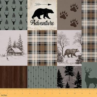 Imagem de Lodge Cabin Fabric by The Yard Cartoon Bear Deer Tecido de animal selvagem para crianças suprimentos de costura retrô verde marrom xadrez rústico tecido de casa de fazenda para estofamento DIY e