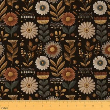 Imagem de Feelyou Groovy Floral Fabric by The Yard Tecido de estofamento com estampa floral botânica para cadeiras padrão de flores à prova d'água decoração interna e externa tema natural 1 jarda marrom