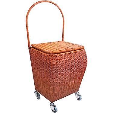 Imagem de Carrinho de compras grande de rotim amarelo com tampa, carrinho de mão para idosos para supermercados, carrinho dobrável durável para mantimentos e uso diário