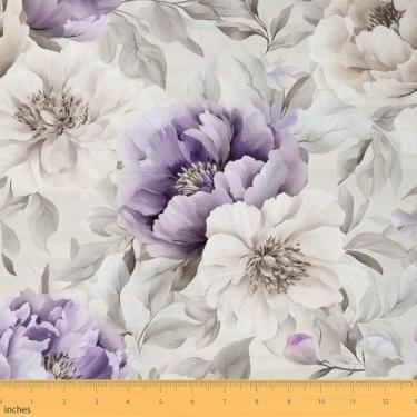 Imagem de Erosebridal Tecido floral bege roxo por jarda, tecido de estofamento de flores de jardim para cadeiras de sofá, decoração elegante para ambientes internos e externos, decoração em aquarela, 3 metros