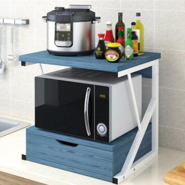 Imagem de Suporte de micro-ondas com gaveta – Organizador de armazenamento de cozinha de 2 camadas de madeira para impressora, escritório em casa, rack de bancada - Design que economiza espaço