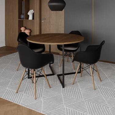 Imagem de Mesa Jantar Industrial Amêndoa 110Cm Redonda Base V Ferro Preto Com 4 Poltronas Pretas Madeir Marrom