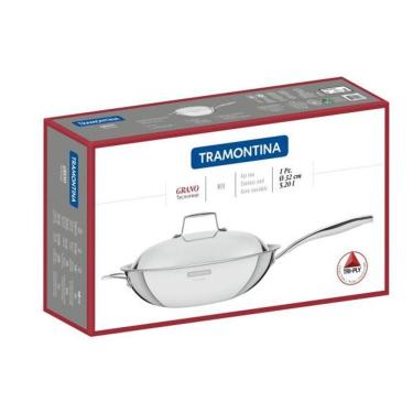 Imagem de Wok Tramontina Grano Em Aço Inox Corpo Triplo Com Tampa E Cabo 32 Cm 5,2 L