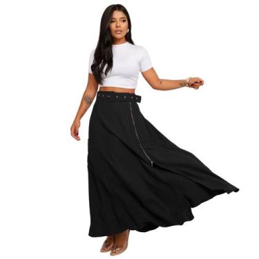Imagem de Saia Longa Evasê Com Fenda Zíper Cinto Alfaiataria Godê - PAWLUK, Pret