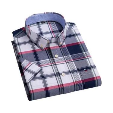 Imagem de Camisa Oxford Masculina 100% Algodão Xadrez Manga Curta Corte Regular 