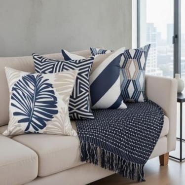 Imagem de Kit 4 Capas de Almofadas Decorativas Geométrica abstrato Moderna Azul Bege 45x45cm