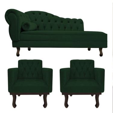 Imagem de Kit Divan Recamier Diana 3 Lugares 120cm Verde Suede com 2 Poltronas Classic Lado Direito