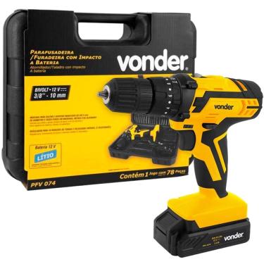 Imagem de Parafusadeira/Furadeira de Impacto à Bateria 12v com 74 Acessórios PFV074 - 6001074000 - VONDER