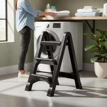 Imagem de Escada Banqueta Agraplast 3 Degraus Plástico Dobrável, Todo Preto