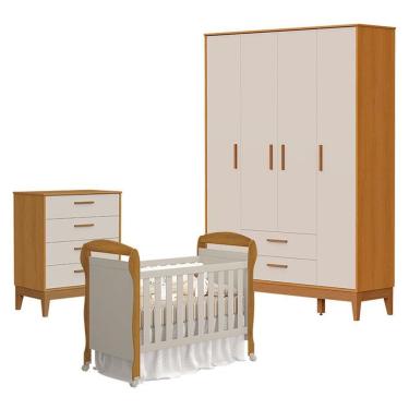 Imagem de Quarto De Bebê 4 Portas Com Cômoda Gaveteiro Flip E Berço Americano Danny Areia Savana Acetinado - Reller