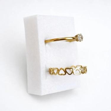 Imagem de Kit 2 Anéis Dourados Femininos Aço Inox 316L Anel Coração e Solitário 