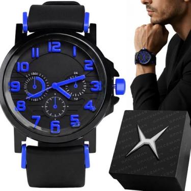 Imagem de Relogio Masculino Azul Aco Inox Silicone Premium + Caixa preto inoxida