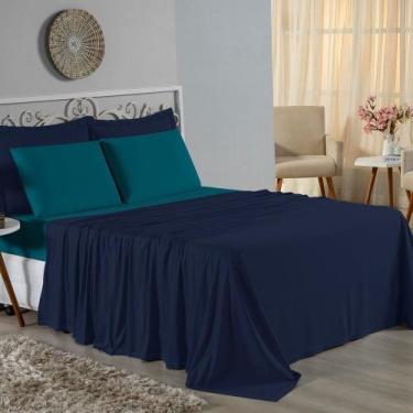 Imagem de Jogo de Cama Casal Viúva Nobre 4 Peças Malha 100% Algodão - Azul-Marin