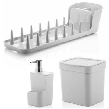 Imagem de Kit 3 Peças Cozinha Escorredor De Louças Lixeira 2,5L Porta Dispenser 