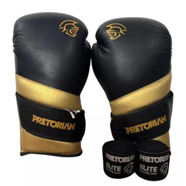 Imagem de Kit Luva Muay Thai Boxe Pretorian Elite + Bandagem, Preto, Dourado, 12