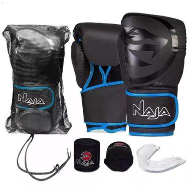 Imagem de Kit Luva de Boxe Muay Thai - Naja Preto/Azul + Bandagem + Bucal + Bols