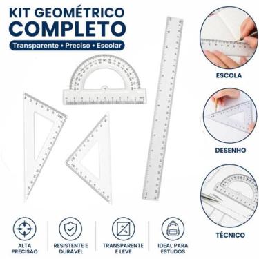 Imagem de Kit Geométrico Completo 4 Peças Régua 30cm Esquadro 45 e 60 Transferid