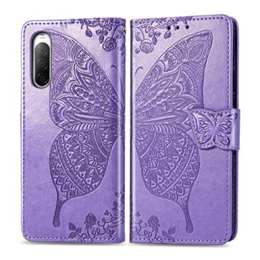 Imagem de HONGYAN Capa de telefone Para Sony Xperia 10 II Butterfly Love Flor Em relevo caso de couro flip horizontal com suporte/cartão/carteira/cordão Capa protetora