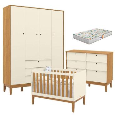 Imagem de Quarto de Bebe Unique 4 Portas com Cômoda 6 Gavetas Off White Freijó Eco Wood e Colchão Gazin - Matic