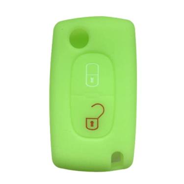 Imagem de CSHU 2 botões Silicone chave do carro capa chaveiro anel chave bolsa, adequado para Citroen C2 C3 C4 C8 Peugeot 308 207 307 3008 5008, verde luminoso