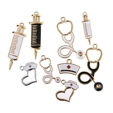 Imagem de YEYULIN Conjunto de pingente de liga de material de artesanato conjunto de pingente de berloque médico de enfermeira de liga de DNA estetoscópio seringa de enfermeira boné berloques para joias artesanato achados acessório para pulseira de colar DIY