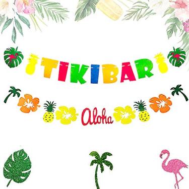 Imagem de 2 peças LaVenty Decoração Tropical Tiki Bar Tiki Placa Tiki Bar Bandeira Tiki Bandeira Luau Sinal de festa Bebidas Placa de mesa Decorações de festa Luau Havaiano