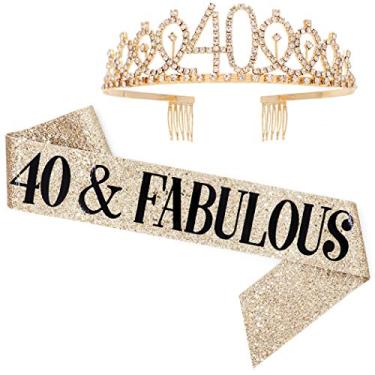 Imagem de Conjunto de tiara "40 e fabulosa" faixa e strass - faixa de aniversário de 40 anos para mulheres, suprimentos de festa de aniversário (glitter dourado com letras pretas)