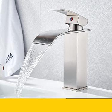 Imagem de Torneira de pia de ouro escovado saída de cachoeira torneira misturadora quente fria torneira de montagem em deck torneira de lavatório para banheiro, escovado