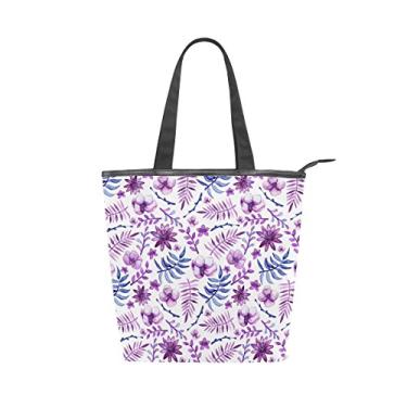 Imagem de Bolsa feminina de lona durável para aquarela, flores violetas, folhas de grande capacidade, bolsa de ombro para compras