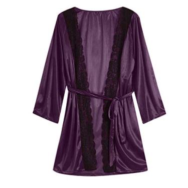 Imagem de Bigfanshu Roupa íntima feminina plus size lingerie de renda sexy roupa de dormir pijama roxo