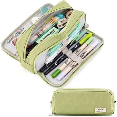Imagem de Estojo de lápis grande Bolsa de armazenamento de grande capacidade 3 compartimentos Bolsa de lápis de lona para meninos adolescentes meninas Office School Student (verde)