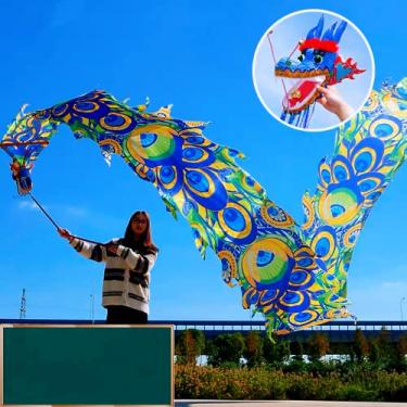 Imagem de 8 Meters (26.2 FT) Square Exercise Dance Dragon Poi with 3D Dragon Head and Swing Rope Combo, Chinese Dragon Dance Wulong Flowy Ribbon Streamer Outdoor Fitness Dragon Stage Prop Set (Peacock Blue)