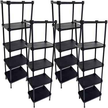 Imagem de 4 Estantes de Plástico Modular Multiuso 5 Prateleiras 1 Torre Preta Montável 65 Kg Qualyplas