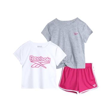 Imagem de Reebok Conjunto de shorts ativos para meninas – Camiseta de manga curta de 3 peças e shorts de ginástica golfinho de malha – Conjunto esportivo para meninas (7-12), Rosa de frambo, 12