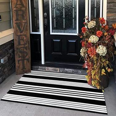 Imagem de Tapete listrado preto e branco, tapete de porta moderno de algodão de 9,5 x 1,5 m de algodão moderno tecido à mão reversível tapete lavável em camadas para casa de fazenda/cozinha/sala de estar