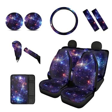 Imagem de Renewold Conjunto completo de capas para assento de carro Galaxy Space, capa para volante, capa para câmbio de engrenagem + capa para freio de mão do carro, almofadas para cinto de segurança, porta-copos para carro, capa para almofada de apoio de braço, conjunto completo de 12 peças