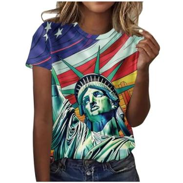 Imagem de Blusas femininas de 4 de julho fofas de verão com gola redonda e manga curta, camisetas patrióticas, camiseta folgada, A03 multicolorido, XXG