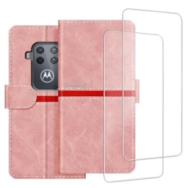 Imagem de ESACMOT Capa de celular compatível com Motorola Moto One Zoom + [pacote com 2] película protetora de tela, capa protetora magnética de couro premium para Motorola One Pro (6,3 polegadas) rosa