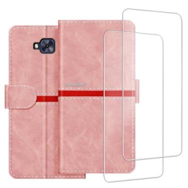 Imagem de ESACMOT Capa de celular compatível com Asus Zenfone 4 Selfie ZD553KL + [pacote com 2] película protetora de tela de vidro, capa protetora magnética de couro premium (5,5 polegadas) rosa