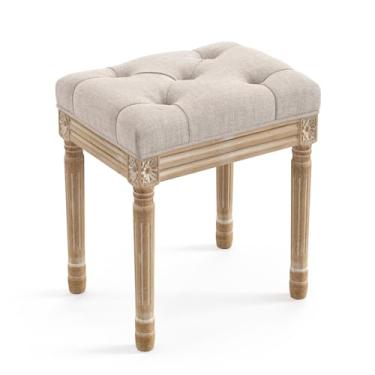 Imagem de LUE BONA Banco estofado de tecido, bancos de maquiagem para penteadeira, banco otomano quadrado tufado com pernas de madeira esculpida para quarto, sala de estar, cor de linho