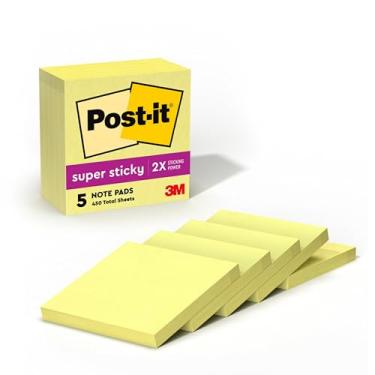 Imagem de Post-it Notas super adesivas, 5 blocos de notas adesivos, 7,6 x 7,6 cm, material escolar, produtos de escritório, notas adesivas para superfícies verticais, monitores, paredes e janelas, amarelo
